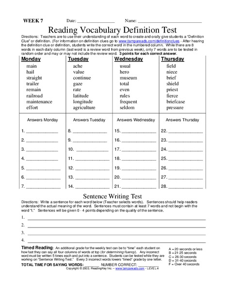 Reading Vocabulary Definition Test Worksheet