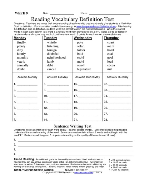 Reading Vocabulary Definition Test Worksheet