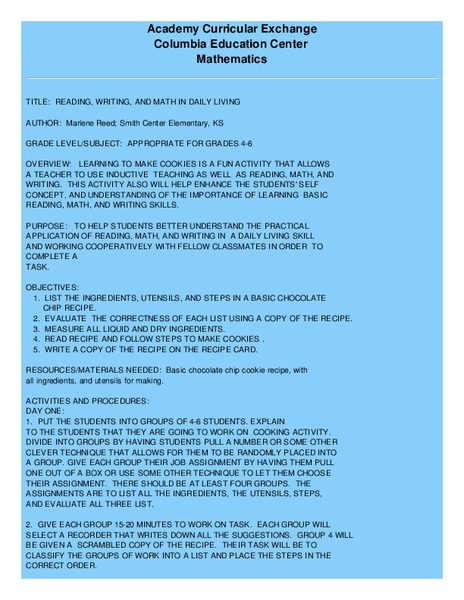 Reading, Writing, And Math in Daily Living Lesson Plan