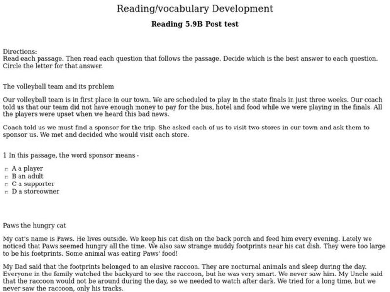 Reading/Vocabulary Development: Post Test Interactive