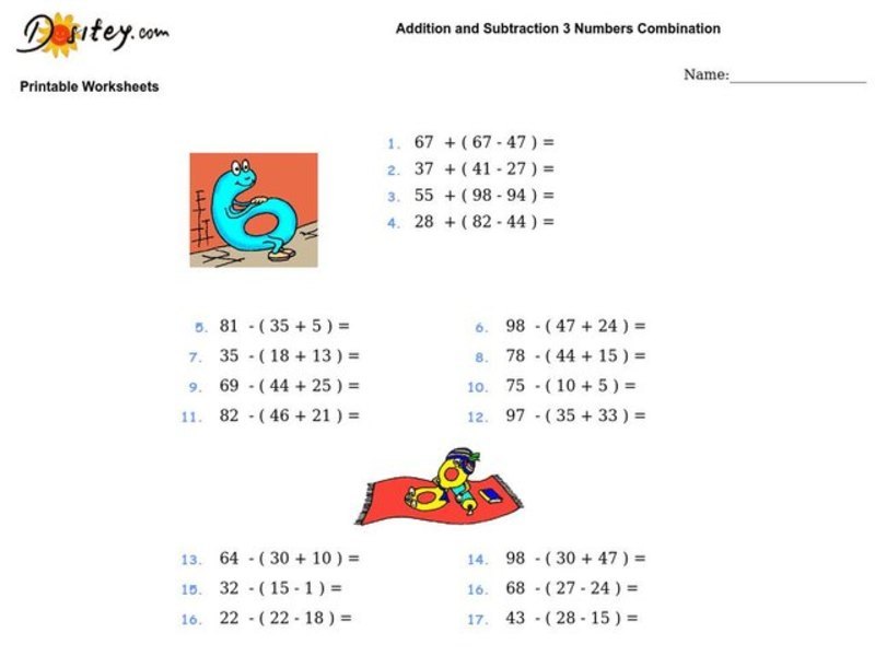 Addition and Subtraction 3 Numbers combination Worksheet