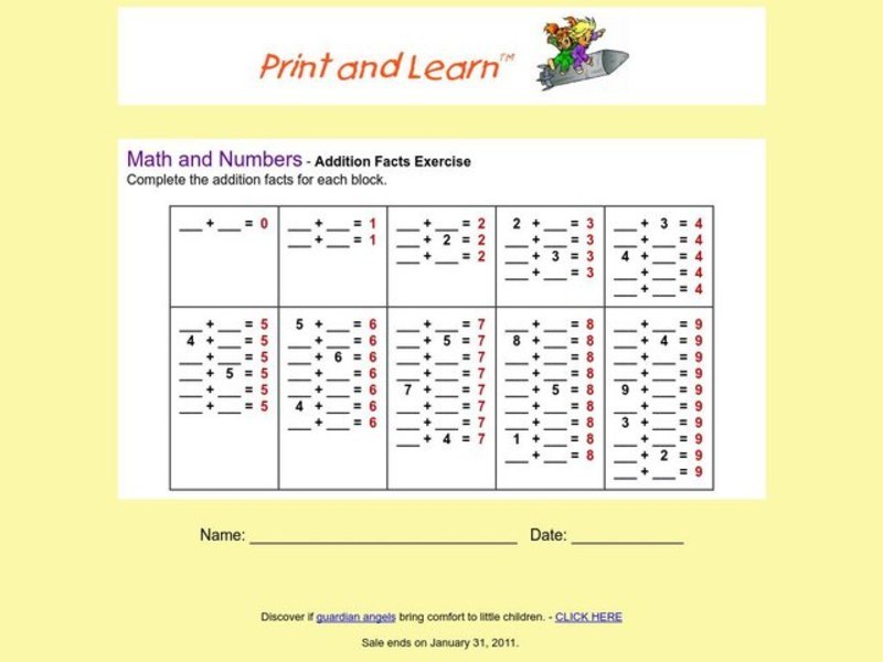 Addition Facts Exercise Worksheet