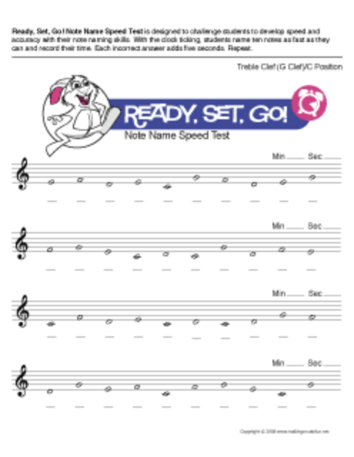 Ready, Set, Go! Note Name Speed Test I - Music Theory Worksheet Worksheet