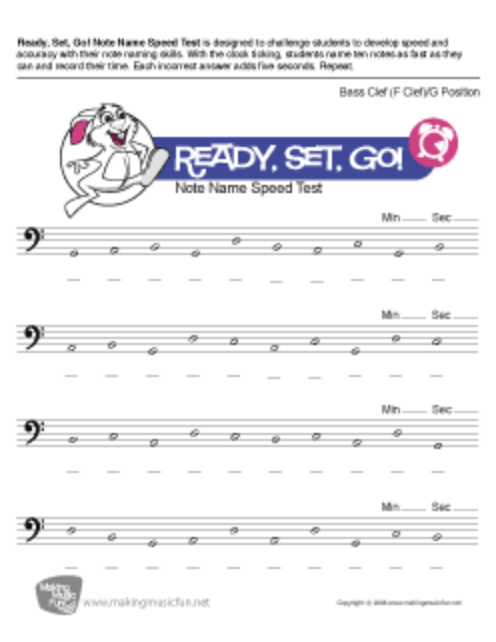 Ready, Set, Go! Note Name Speed Test IV - Music Theory Worksheet Worksheet