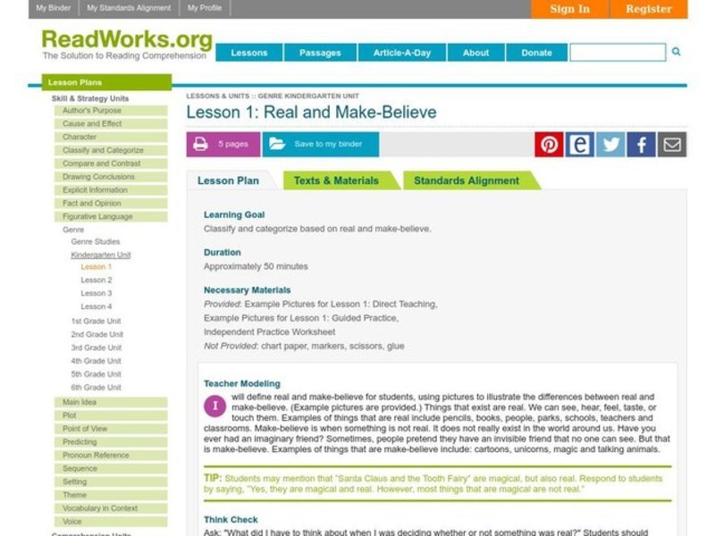 Real and Make Believe Lesson Plan