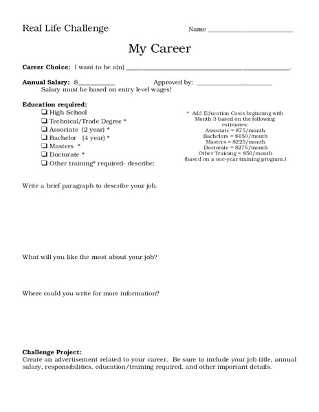 Real Life Challenge Worksheet