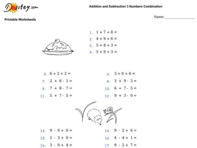 Addition and Subtraction 3 Numbers Combination Worksheet