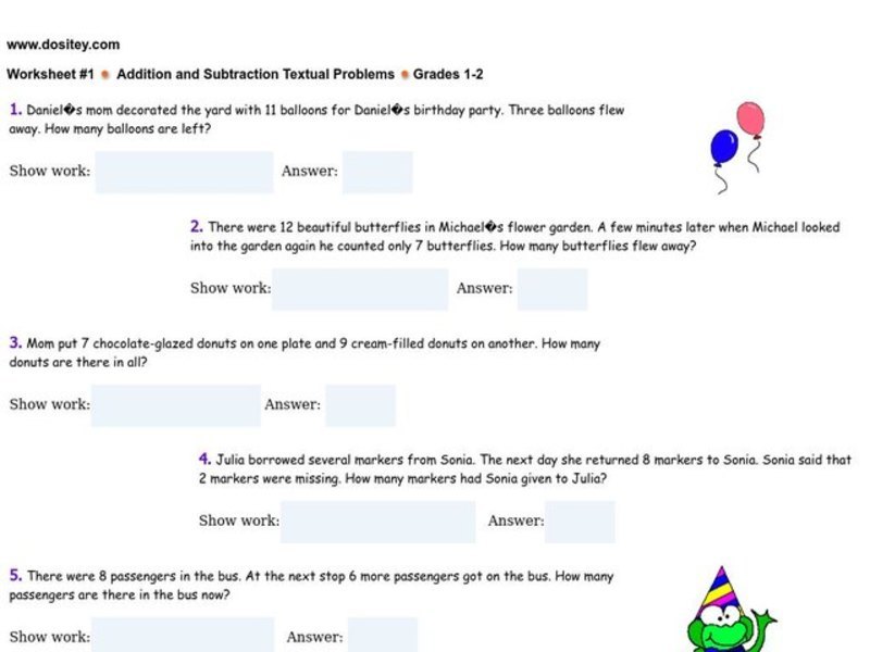Addition and Subtraction Textual Problems Worksheet