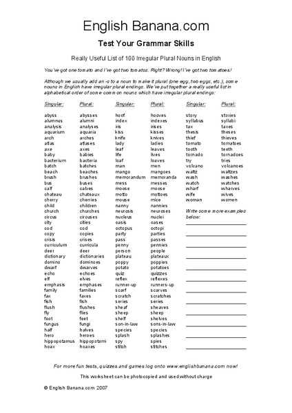 Really Useful List of 100 Irregular Plural Nouns in English Organizer
