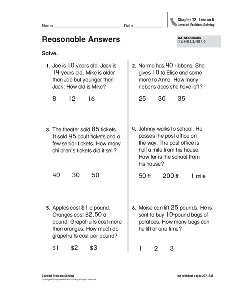 Reasonable Answers Worksheet