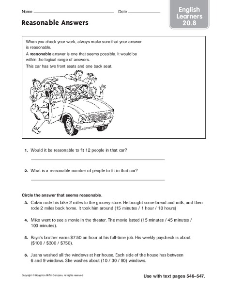 Reasonable Answers: English Learners Worksheet