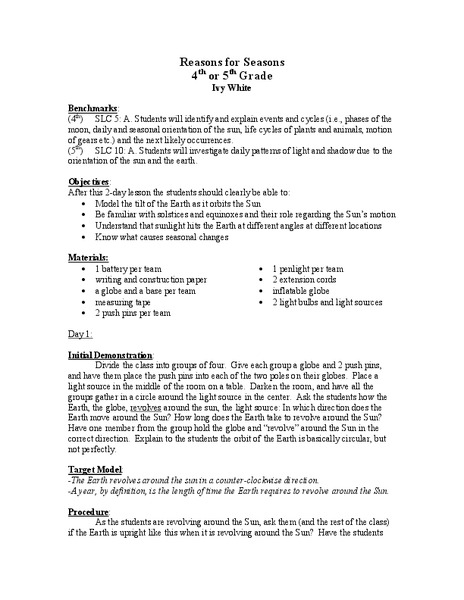 Reasons for Seasons Lesson Plan