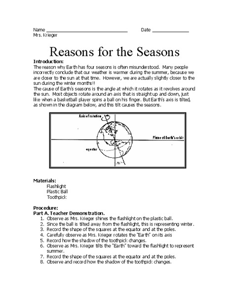 Reasons for the Seasons Worksheet