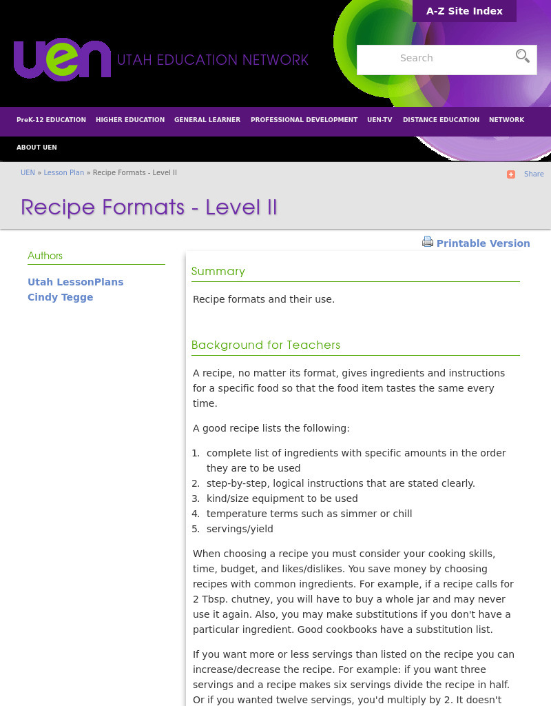 Recipe Formats - Level II Lesson Plan