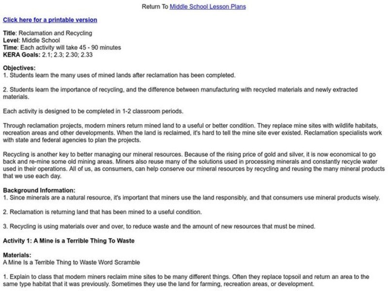 Reclamation and Recycling Lesson Plan