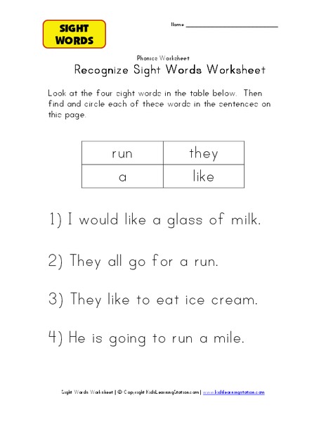 Recognize Sight Words Worksheet Worksheet