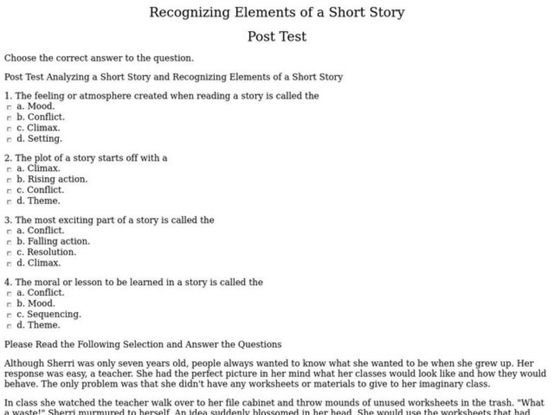 Recognizing Elements of a Short Story Interactive