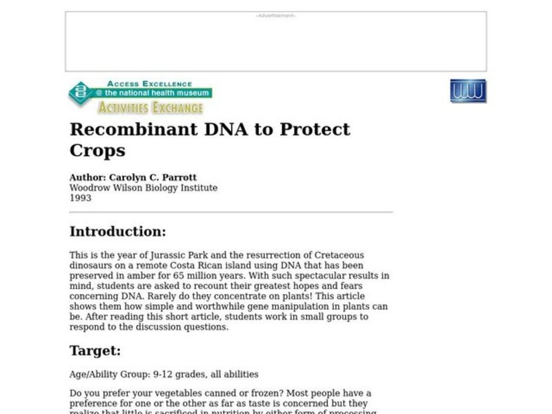 Recombinant DNA to Protect Crops Lesson Plan