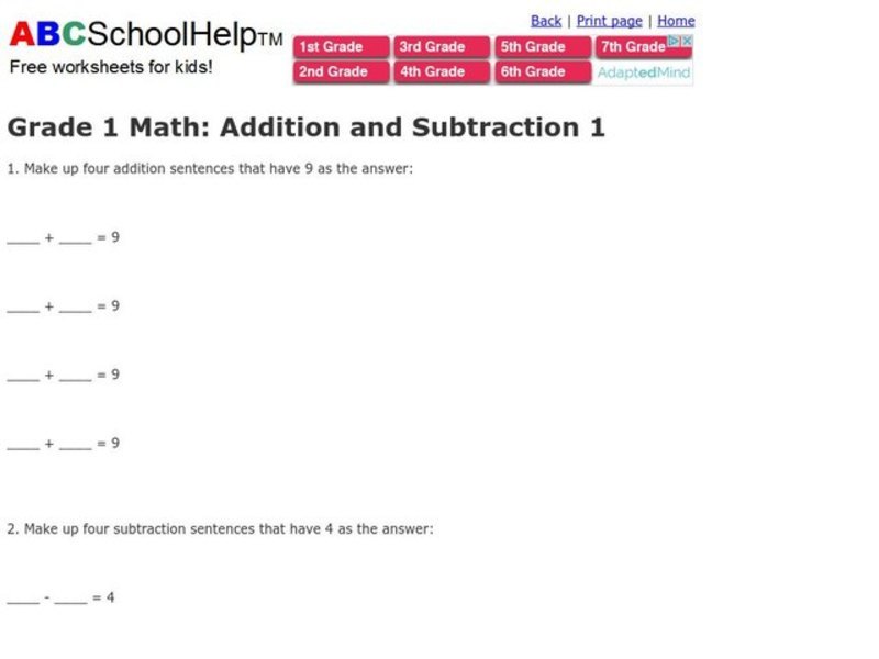 Addition and Subtraction Sentences Worksheet