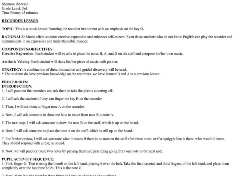 Recorder Lesson Lesson Plan