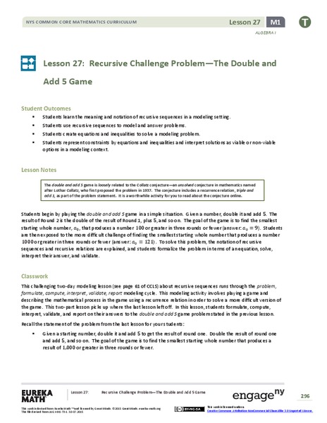 Recursive Challenge Problem—The Double and Add 5 Game Lesson Plan