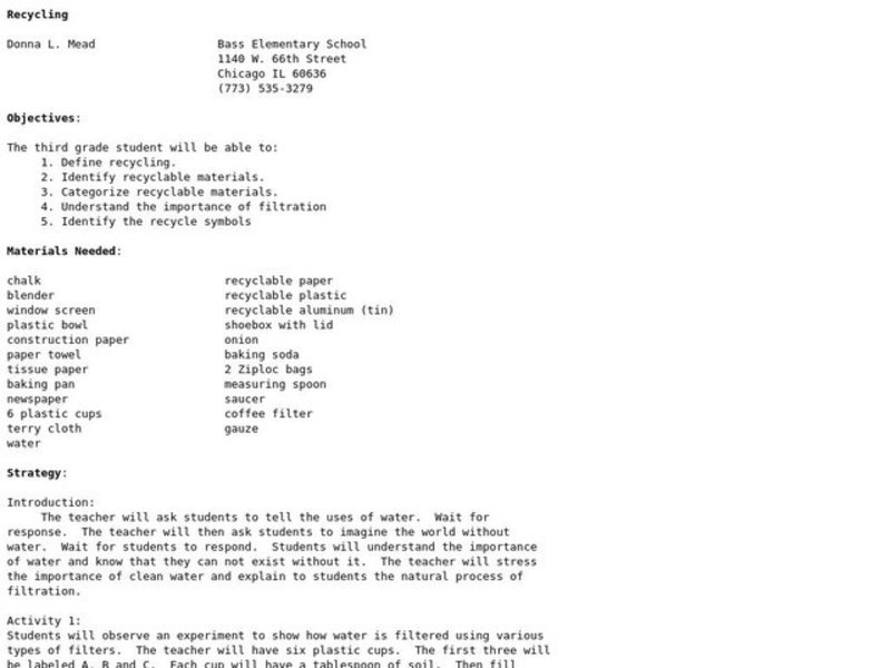 Recycling Lesson Plan