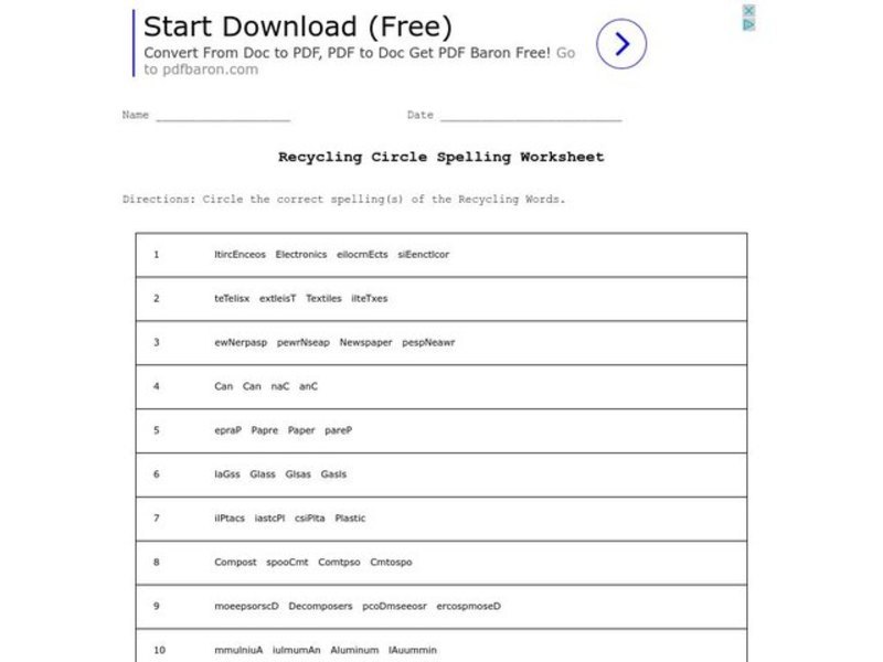 Recycling Spelling Activity Worksheet
