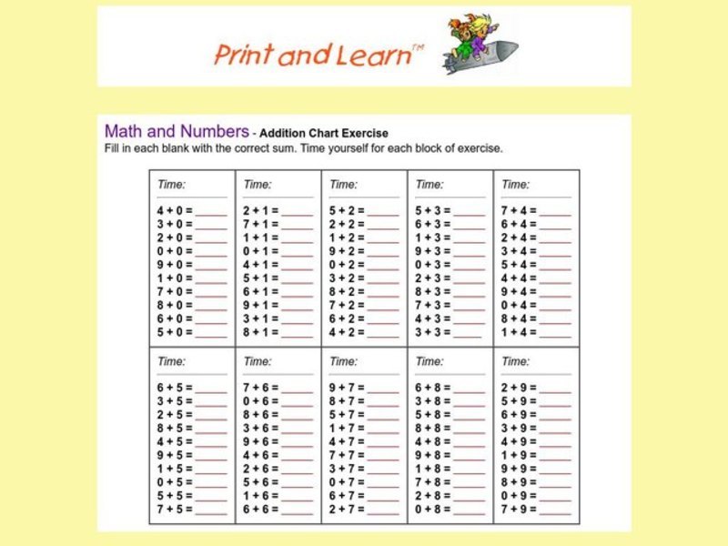 Addition Chart Exercise Worksheet
