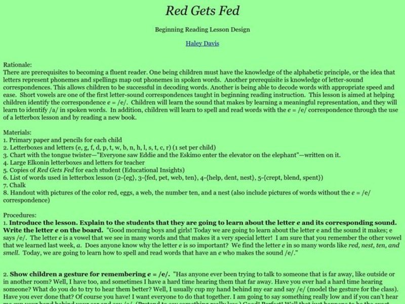 Red Gets Fed Lesson Plan