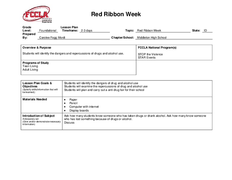 Red Ribbon Week Lesson Plan