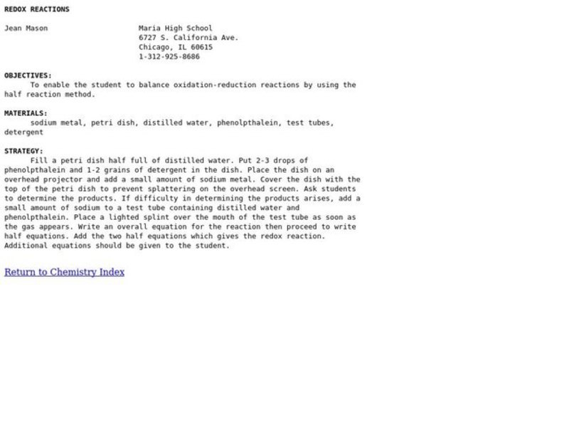 Redox Reactions Lesson Plan