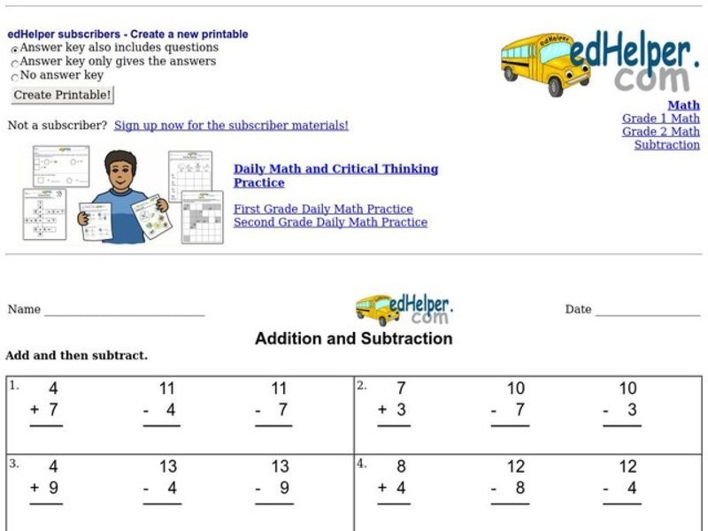 Addition and Subtraction Worksheet