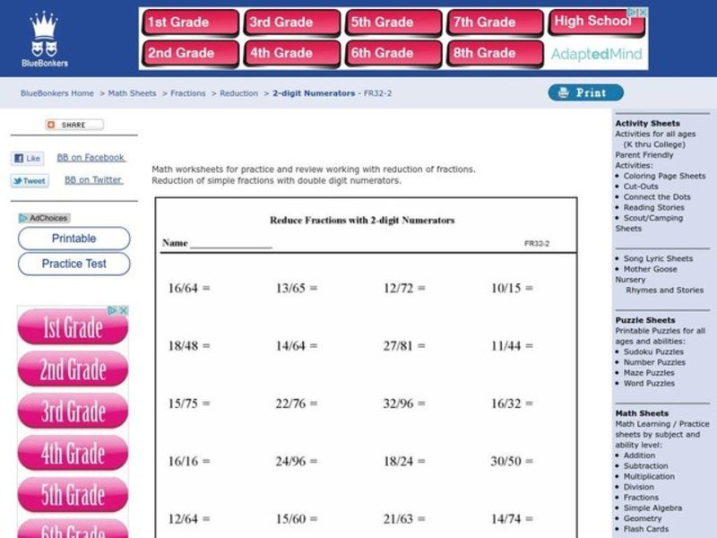 Reduce Fractions With 2-digit Numerators Worksheet