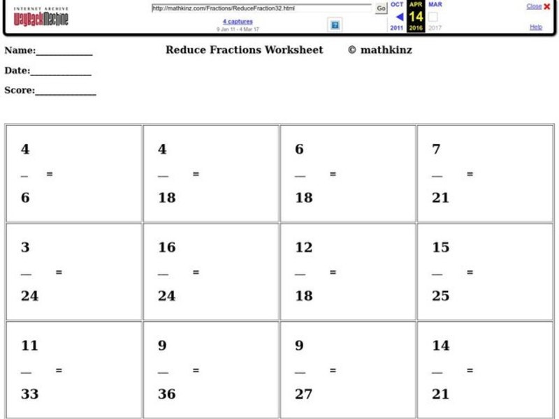 Reduce Fractions Worksheet