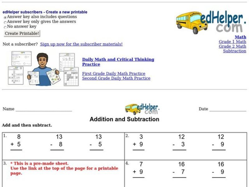 Addition and Subtraction Worksheet