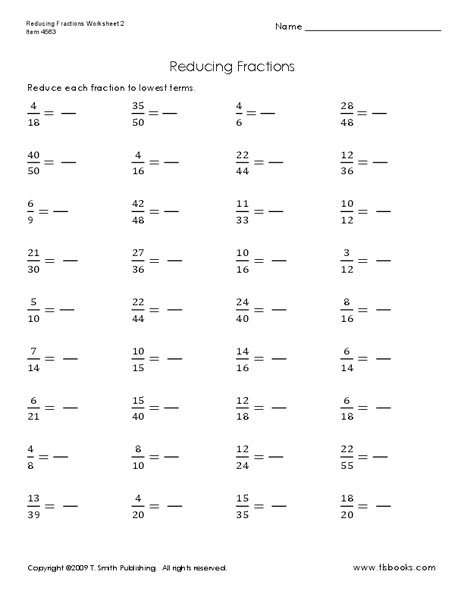 Reducing Fractions Worksheet