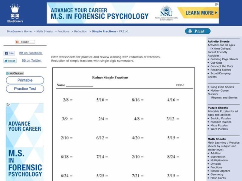 Reduce Simple Fractions Worksheet