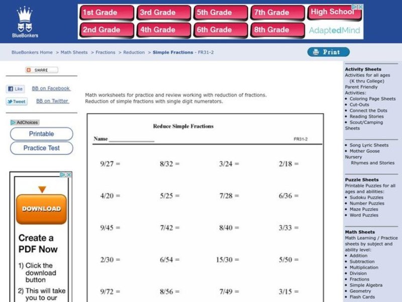 Reduce Simple Fractions Worksheet