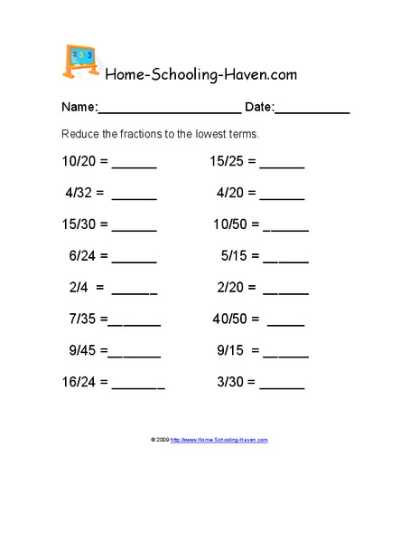Reducing Fractions Worksheet