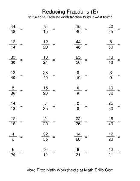 Reducing Fractions Worksheet