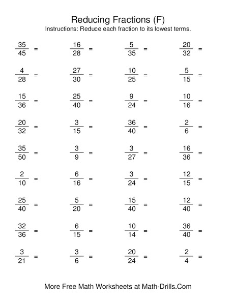 Reducing Fractions Worksheet