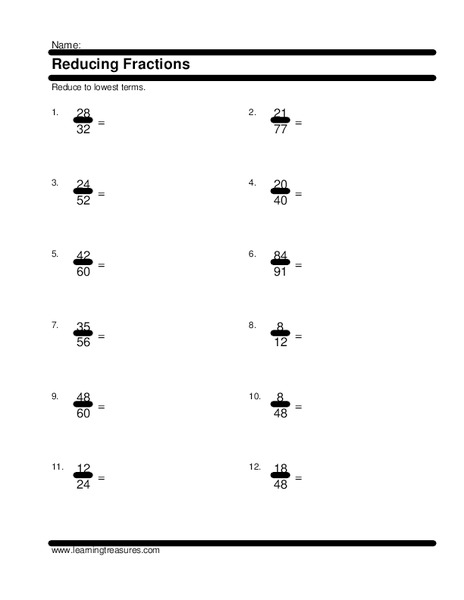 Reducing Fractions Worksheet