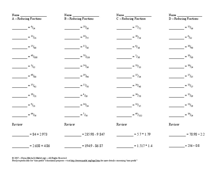 Reducing Fractions Worksheet