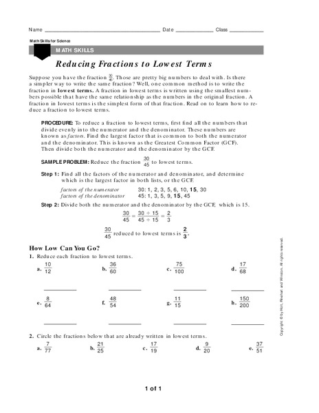 Reducing Fractions to Lowest Terms Worksheet