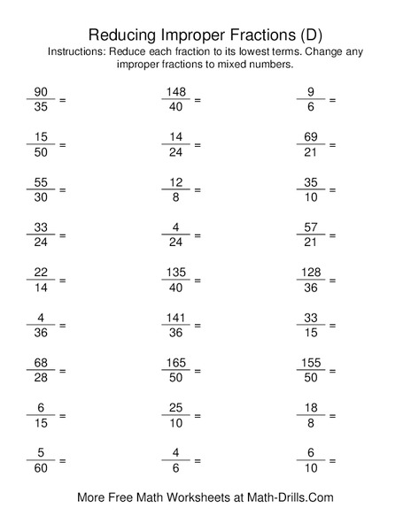 Reducing Improper Fractions Worksheet