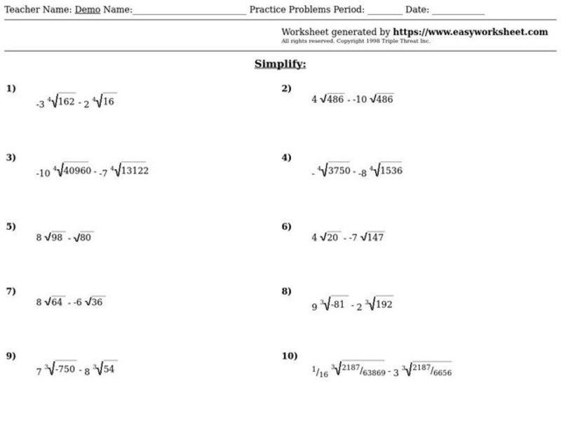 Reducing Radicals Worksheet
