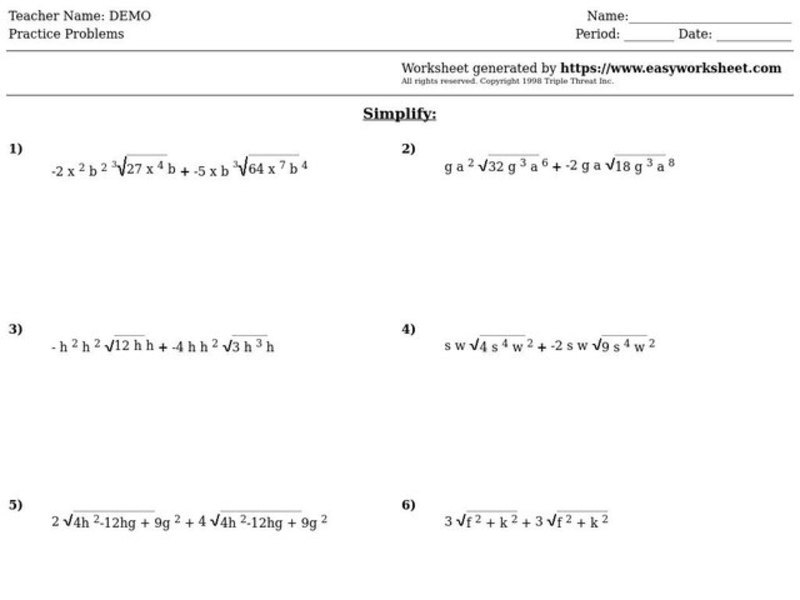 Reducing Radicals Worksheet