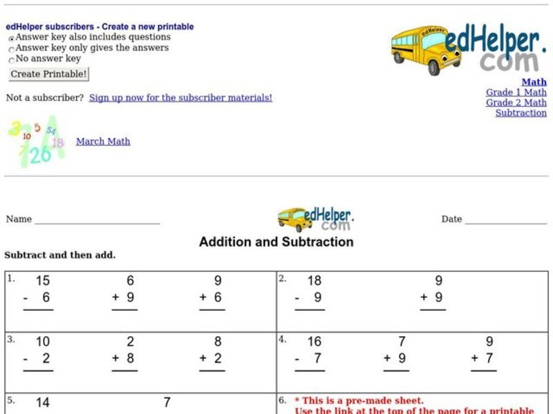 Addition and Subtraction Worksheet