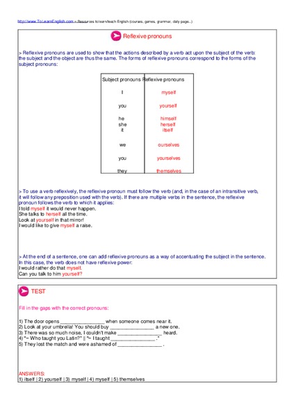 Reflexive Pronouns Worksheet