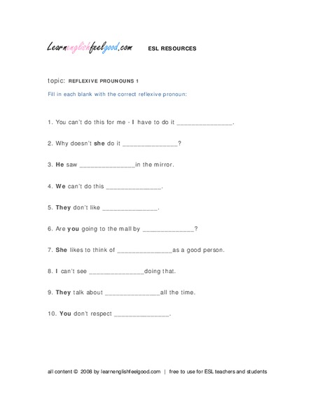 Reflexive Pronouns Worksheet